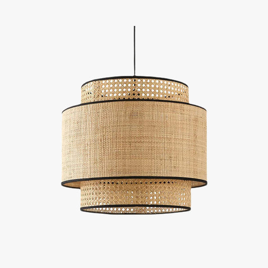 Ritta Wabi Sabi Tri-Layer Cylindrical Rattan/Metal Pendant Light, Wooden