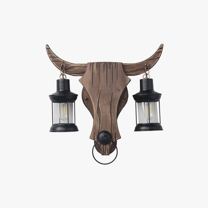 Austin Wall Lamp Bull Shape Vintage, 2 Heads Wood/Metal, Bedroom