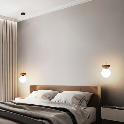Plafonnier/Suspension LED Globule Valentina Scandinave Japonais Métal Verre Chambre, Bois brut