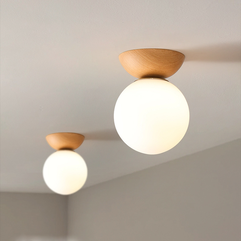Plafonnier/Suspension LED Globule Valentina Scandinave Japonais Métal Verre Chambre, Bois brut