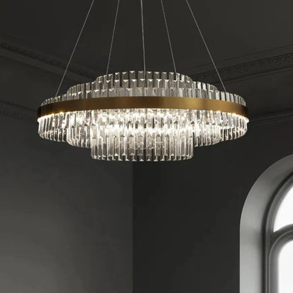 Kristy Moderner mehrstufiger Kristall-LED-Kronleuchter im Wohnzimmer aus Messing