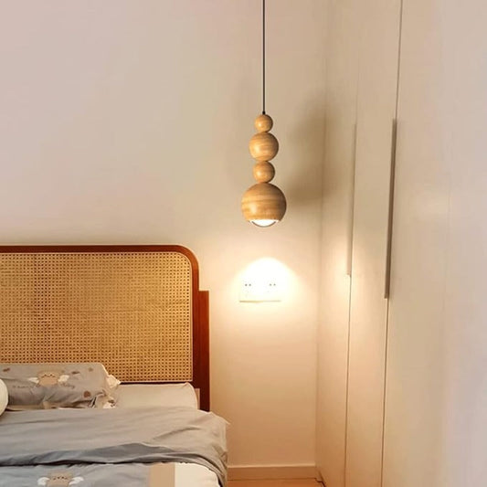 Muto Vintage LED-Pendelleuchte, Kugelleuchte, weißes Metall, Holz, Schlafzimmer
