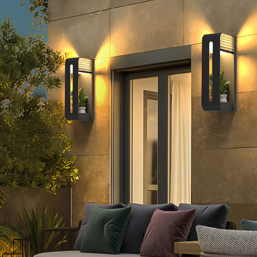 Ray Modern Rectangular Metal/ Solar Outdoor Plants Pot Holder Wall Lamp, Black