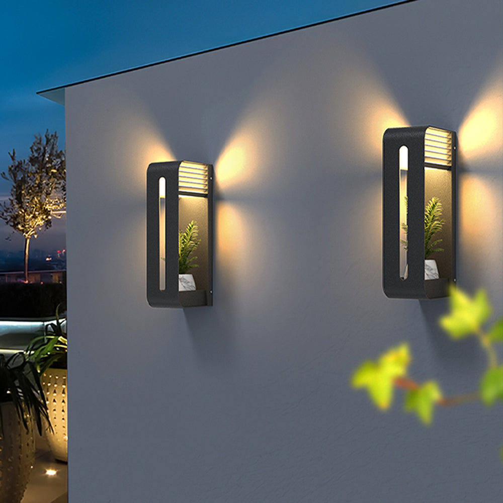 Ray Modern Rectangular Metal/ Solar Outdoor Plants Pot Holder Wall Lamp, Black