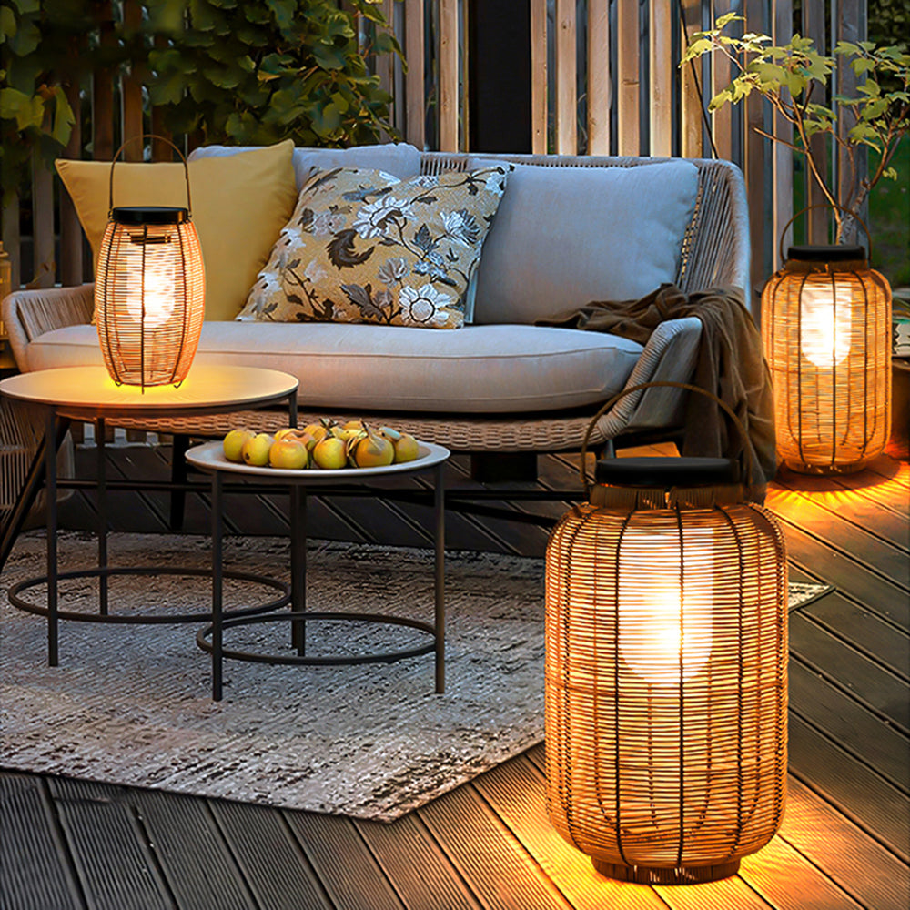 Ray Retro Laterne Metall/Rattan Stehlampe, Holzfarbe