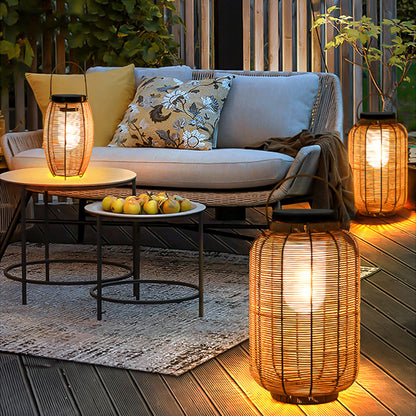 Ray Retro Laterne Metall/Rattan Stehlampe, Holzfarbe