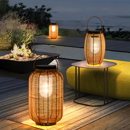 Ray Retro Laterne Metall/Rattan Stehlampe, Holzfarbe