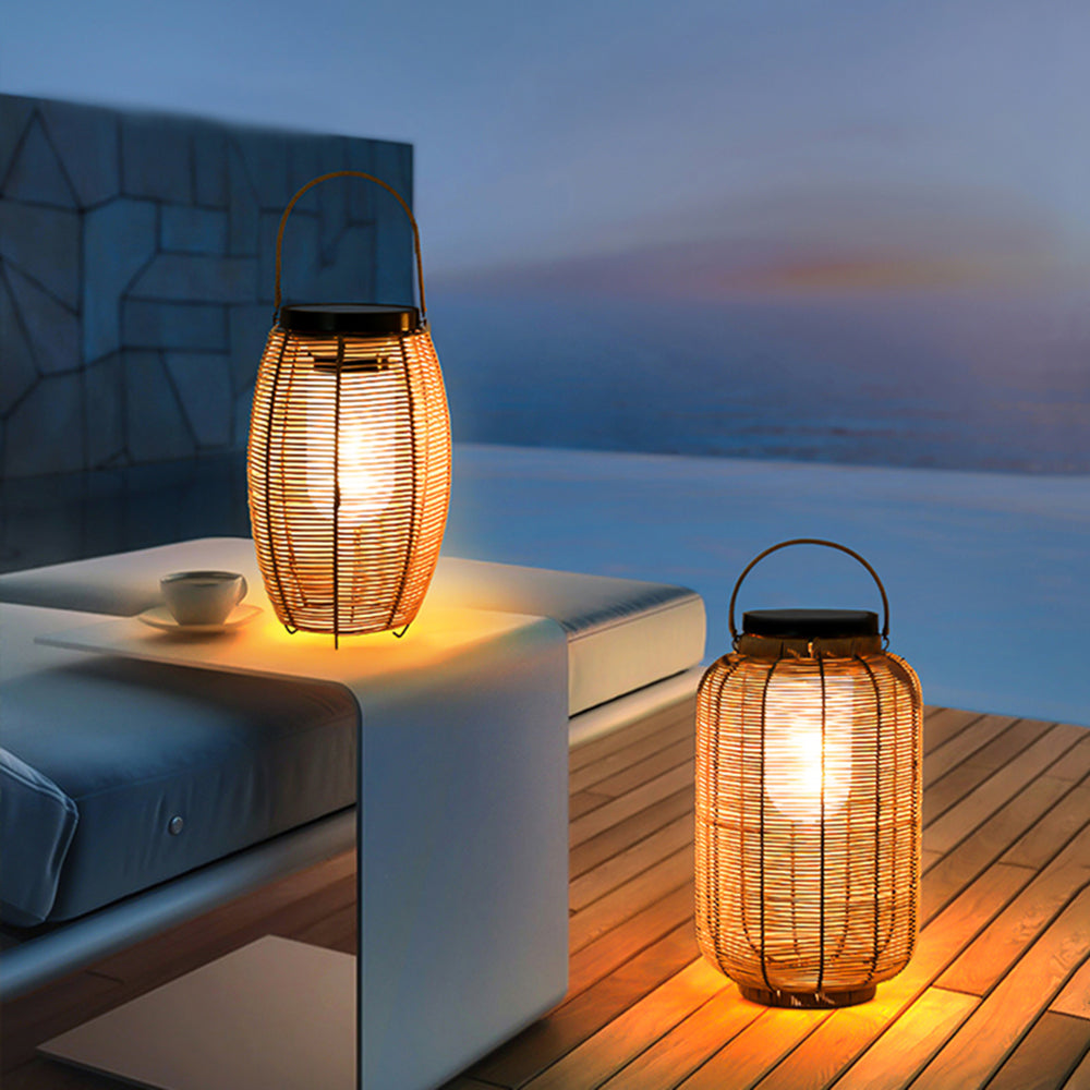 Ray Retro Laterne Metall/Rattan Stehlampe, Holzfarbe