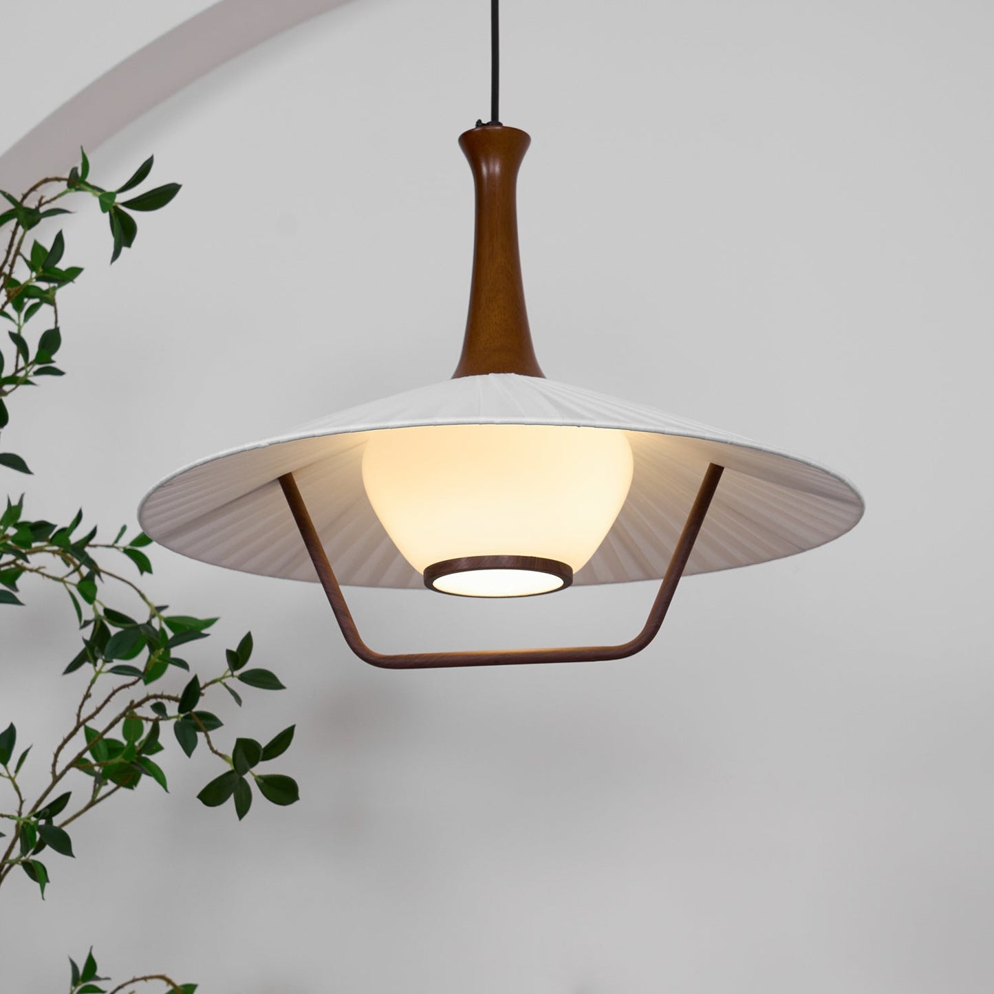 Vionne Mid-Century Wood and White Pendant Lamp