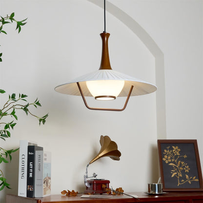 Vionne Mid-Century Wood and White Pendant Lamp