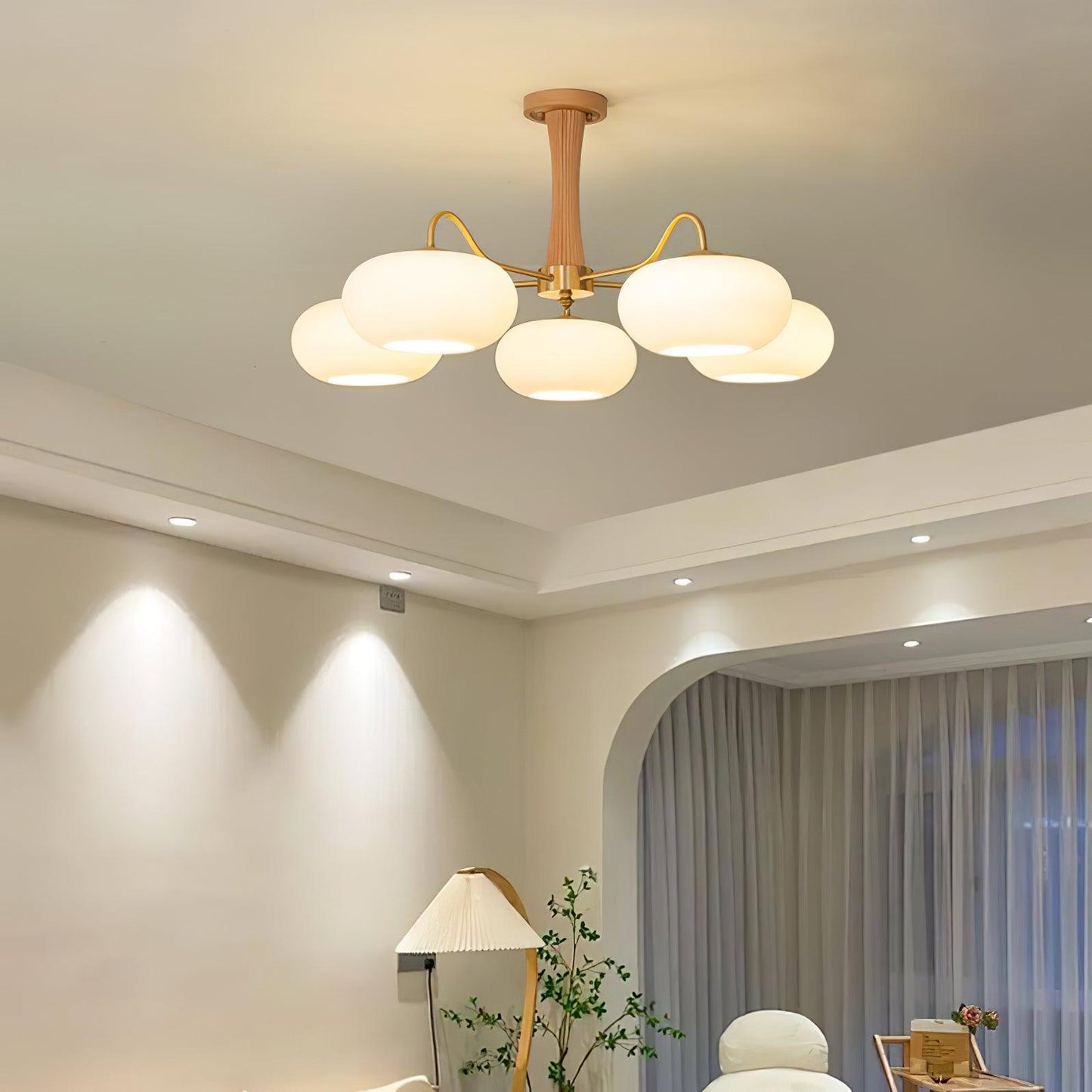 Lustre Candy en Laiton, Bois, Verre et Kaki