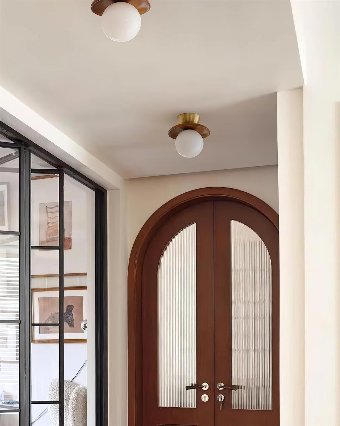 Ceiling Light Globe Opal Glass Modern Brass Walnut Accent Flush Mount