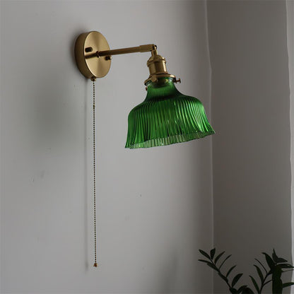 Wall Lamp Brass with Green/Clear Glass Shade and Pull Chain