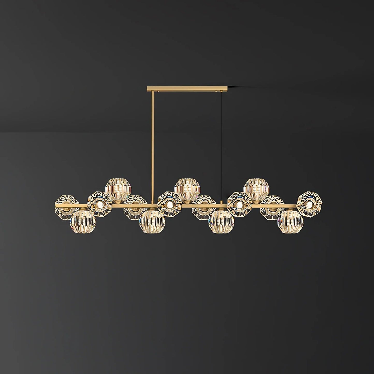Valentina Modern LED Long Linear Metal Brass Multi Crystal Glass Globe Living/Dining Room Pendant Light