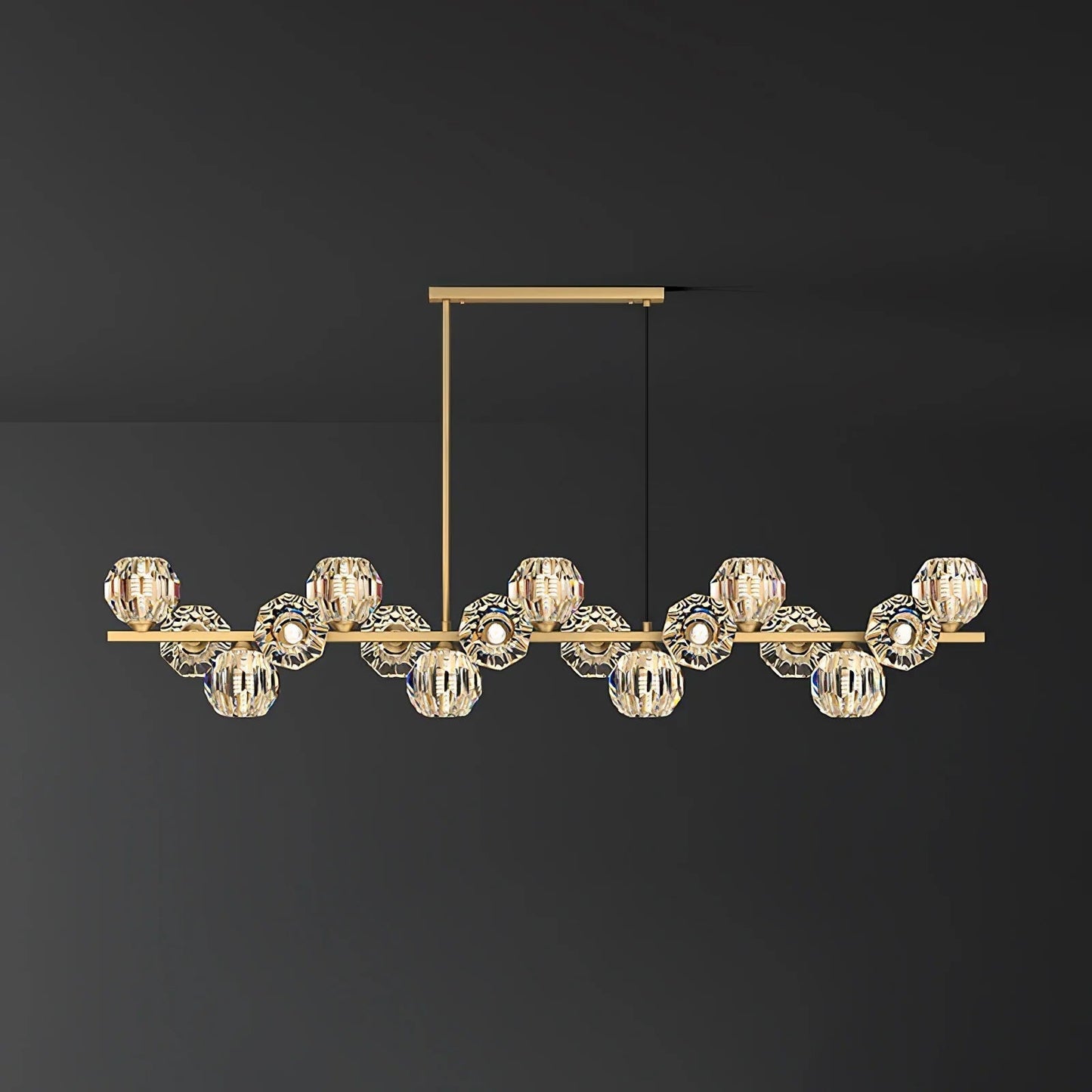 Valentina Modern LED Long Linear Metal Brass Multi Crystal Glass Globe Living/Dining Room Pendant Light