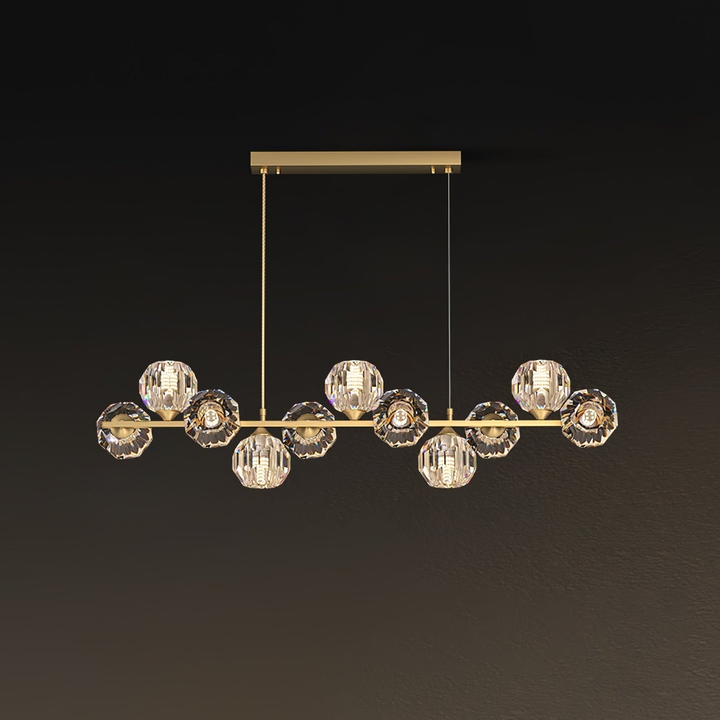 Valentina Modern LED Long Linear Metal Brass Multi Crystal Glass Globe Living/Dining Room Pendant Light