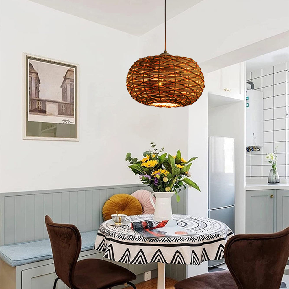 Ritta Boho Retro LED Pendelleuchte Holz Rattan Schlafzimmer/Restaurant