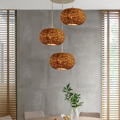 Ritta Boho Retro LED Pendelleuchte Holz Rattan Schlafzimmer/Restaurant