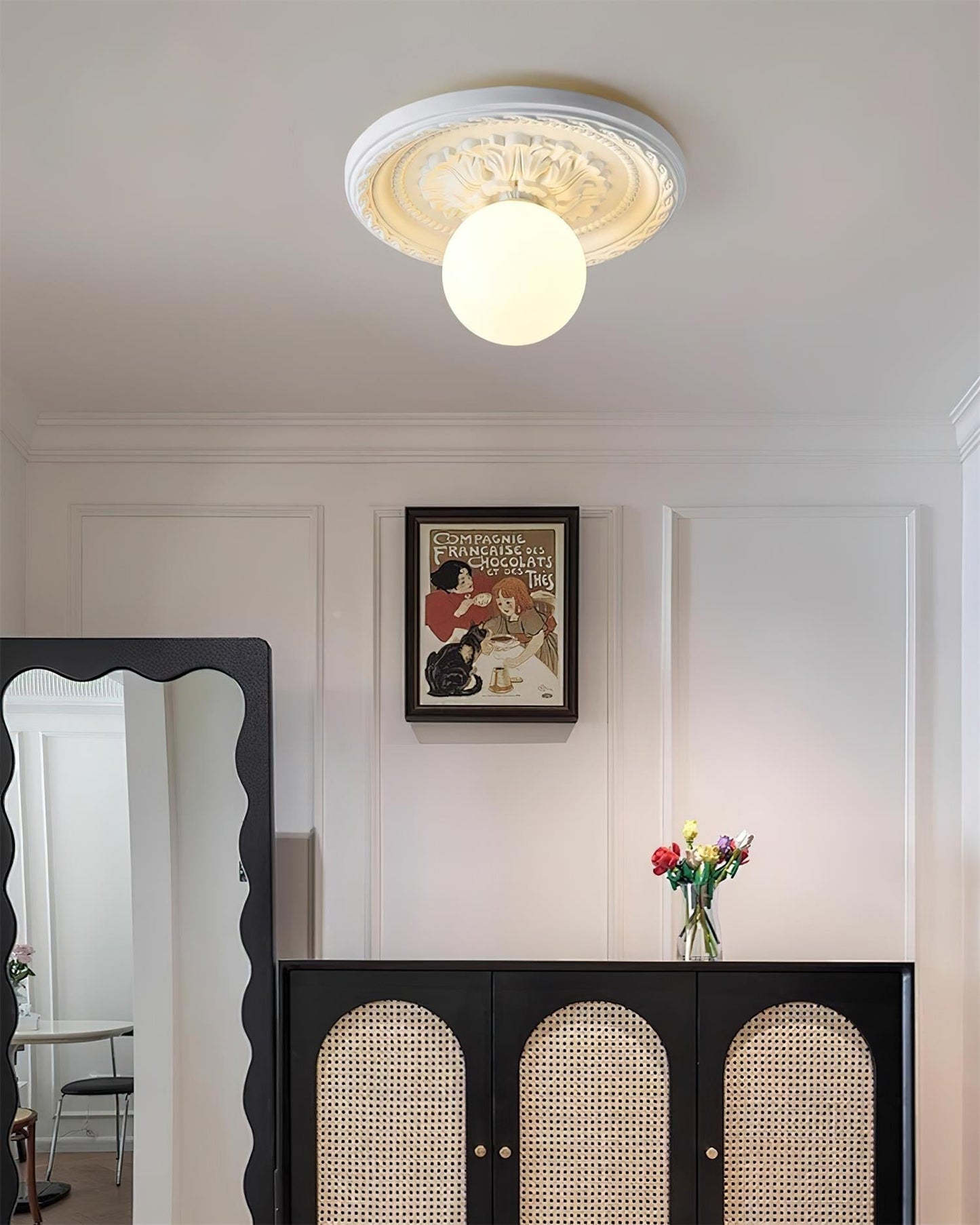 Ivorelle Vintage Carved Ceiling Light with Globe Shade