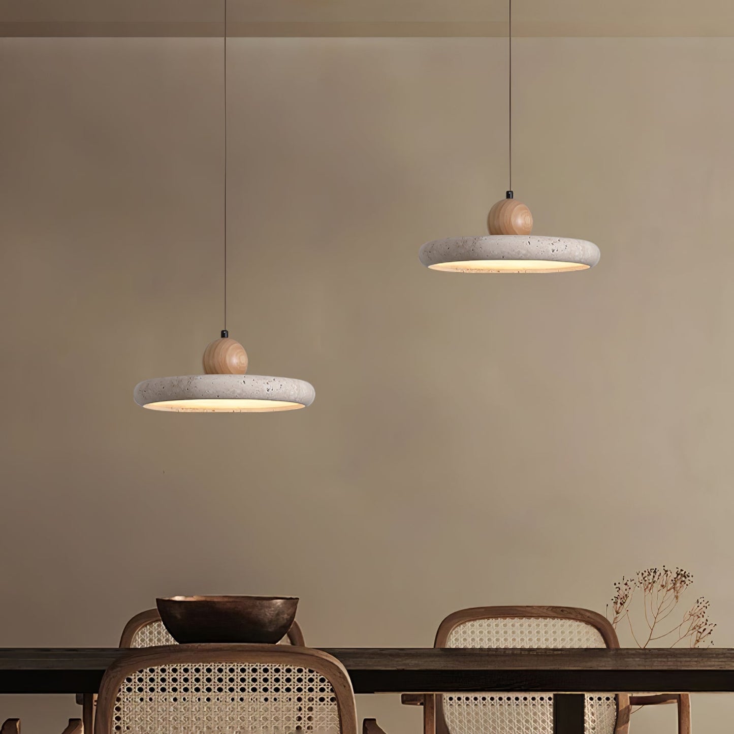 Opalyn Travertine & Wood Pendant Light