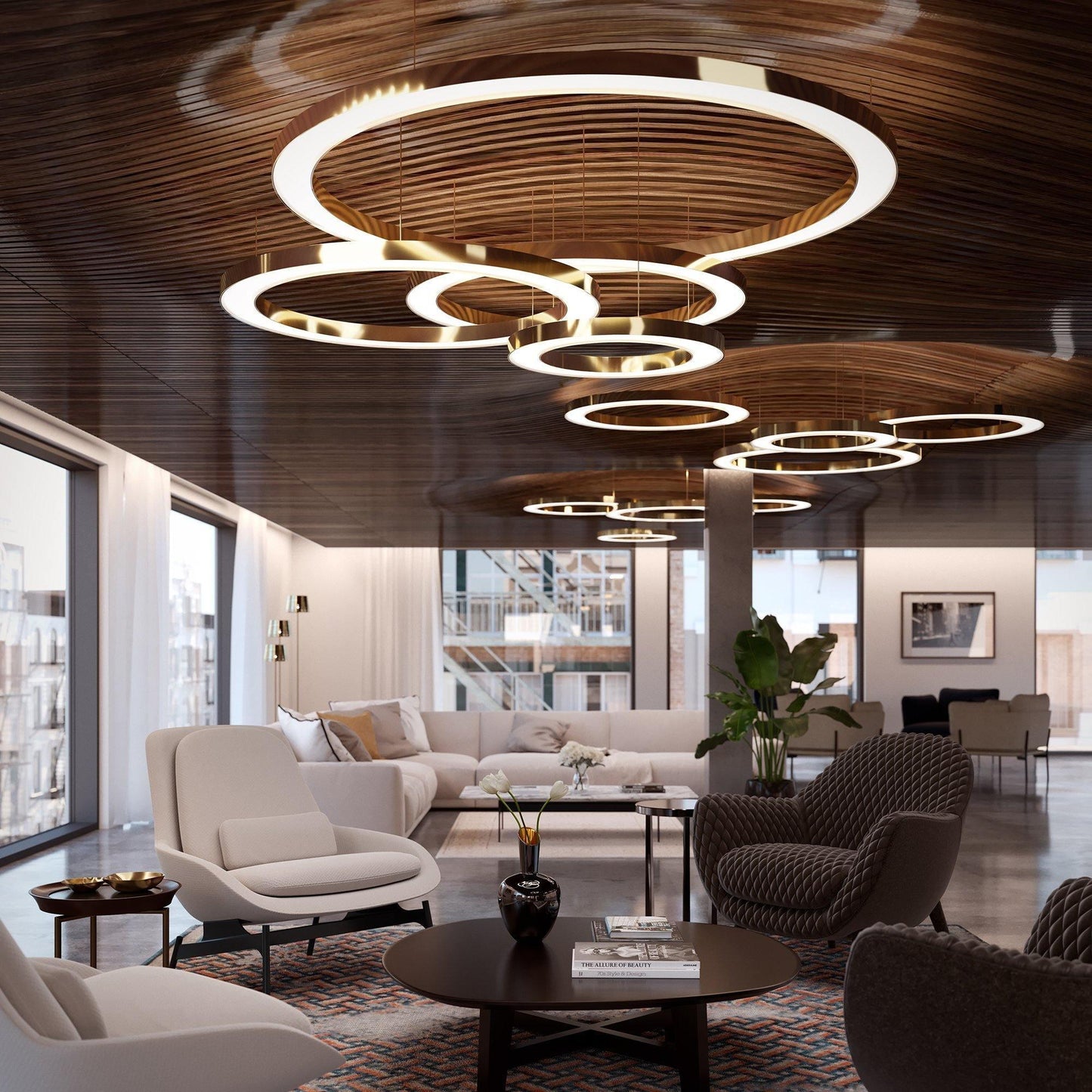 Arisha Modern LED Metal Large Multi Ring Adjustable Living/Dining Room Pendant Light, Gold