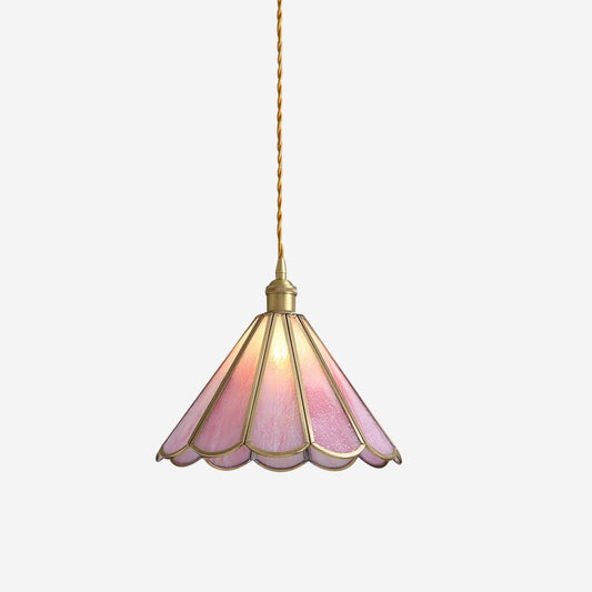 Hängeleuchte aus rosa Buntglas „Lione“.