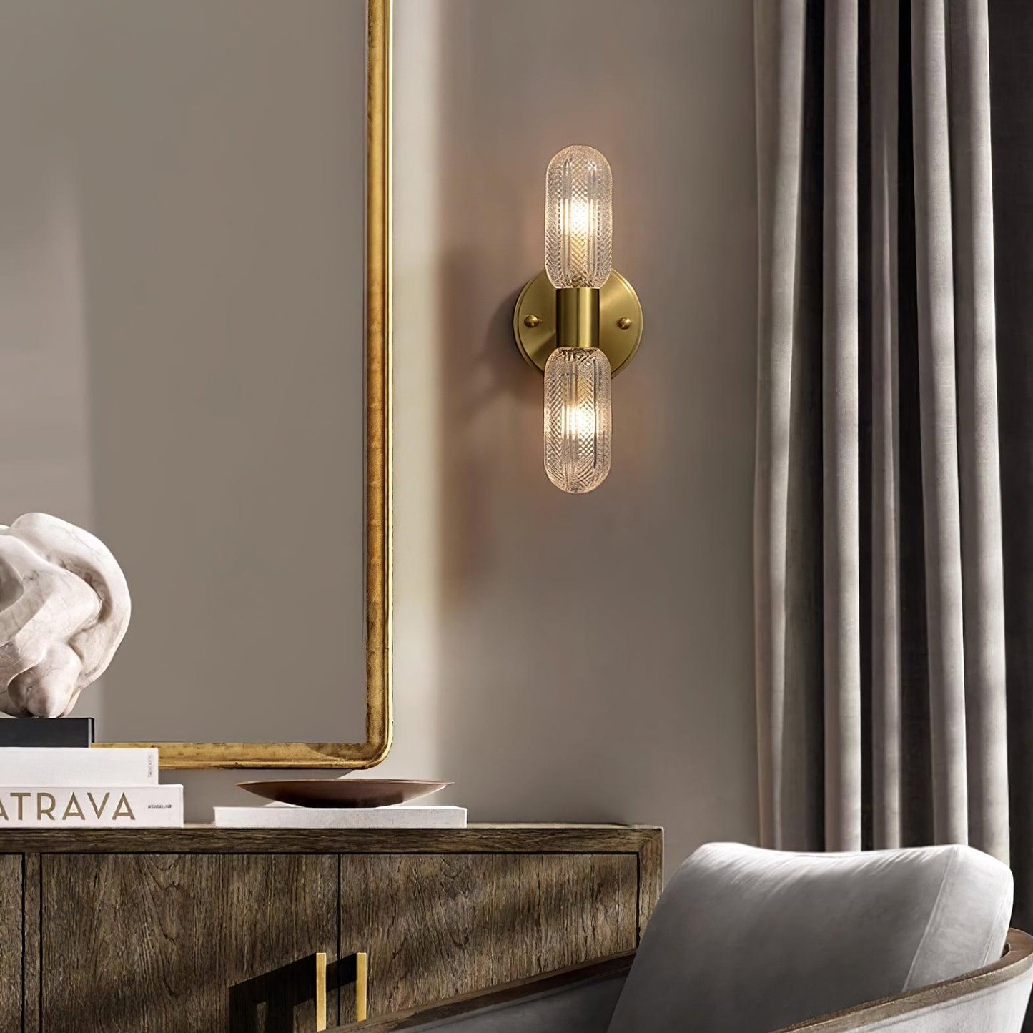 Evania Brass and Textured Glass Double Light Wall Sconce