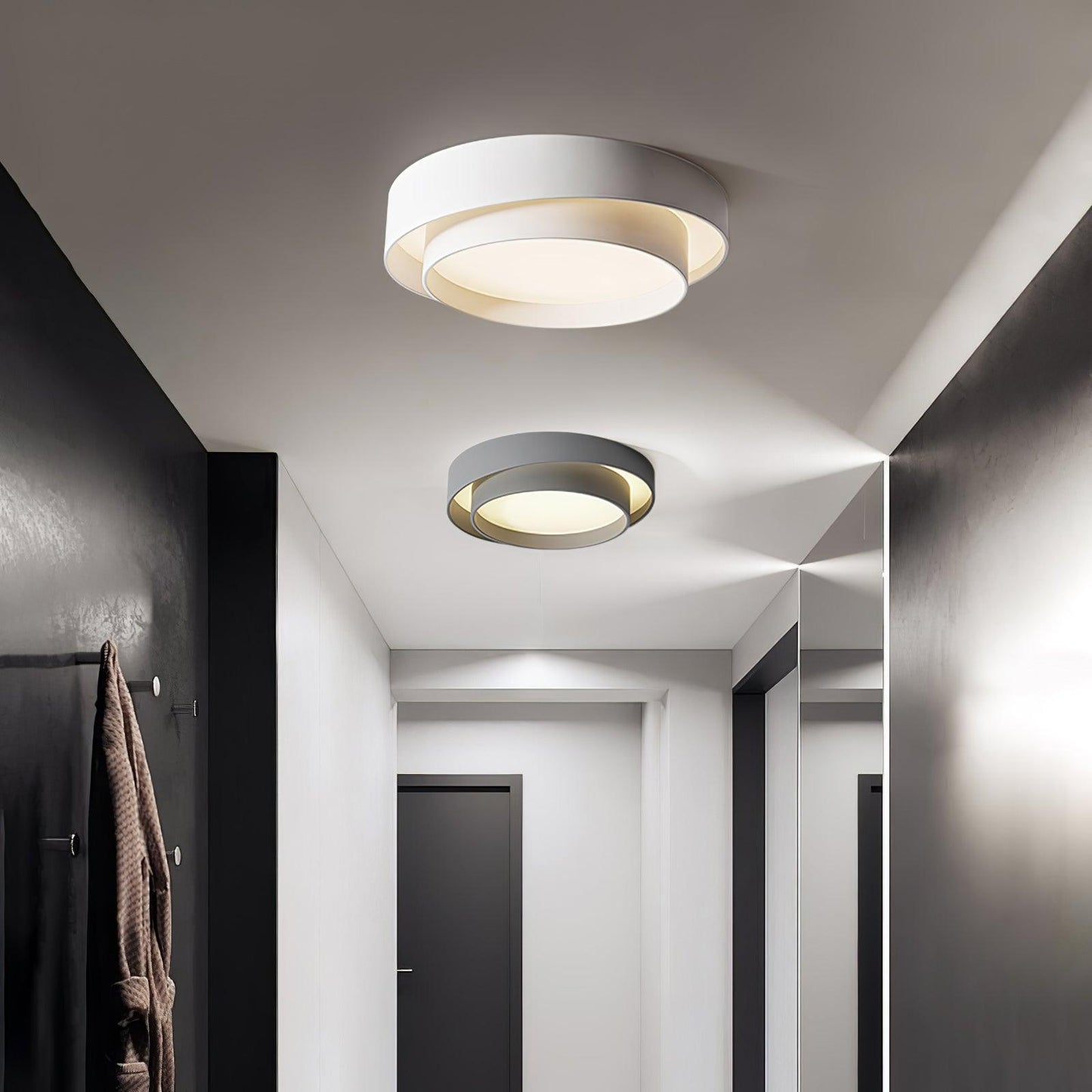 Plafonnier Orina Double Anneau Gris&Noir&Blanc Forme cylindrique