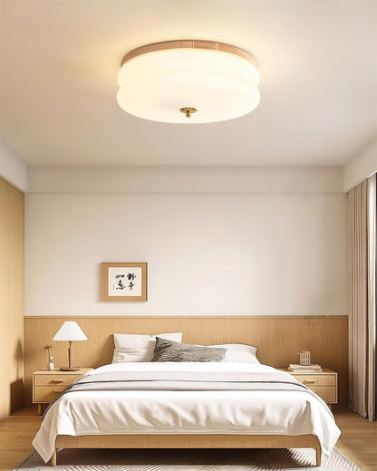 Ceiling Light Double-Layer Glass Disc Walnut Wood Minimalist