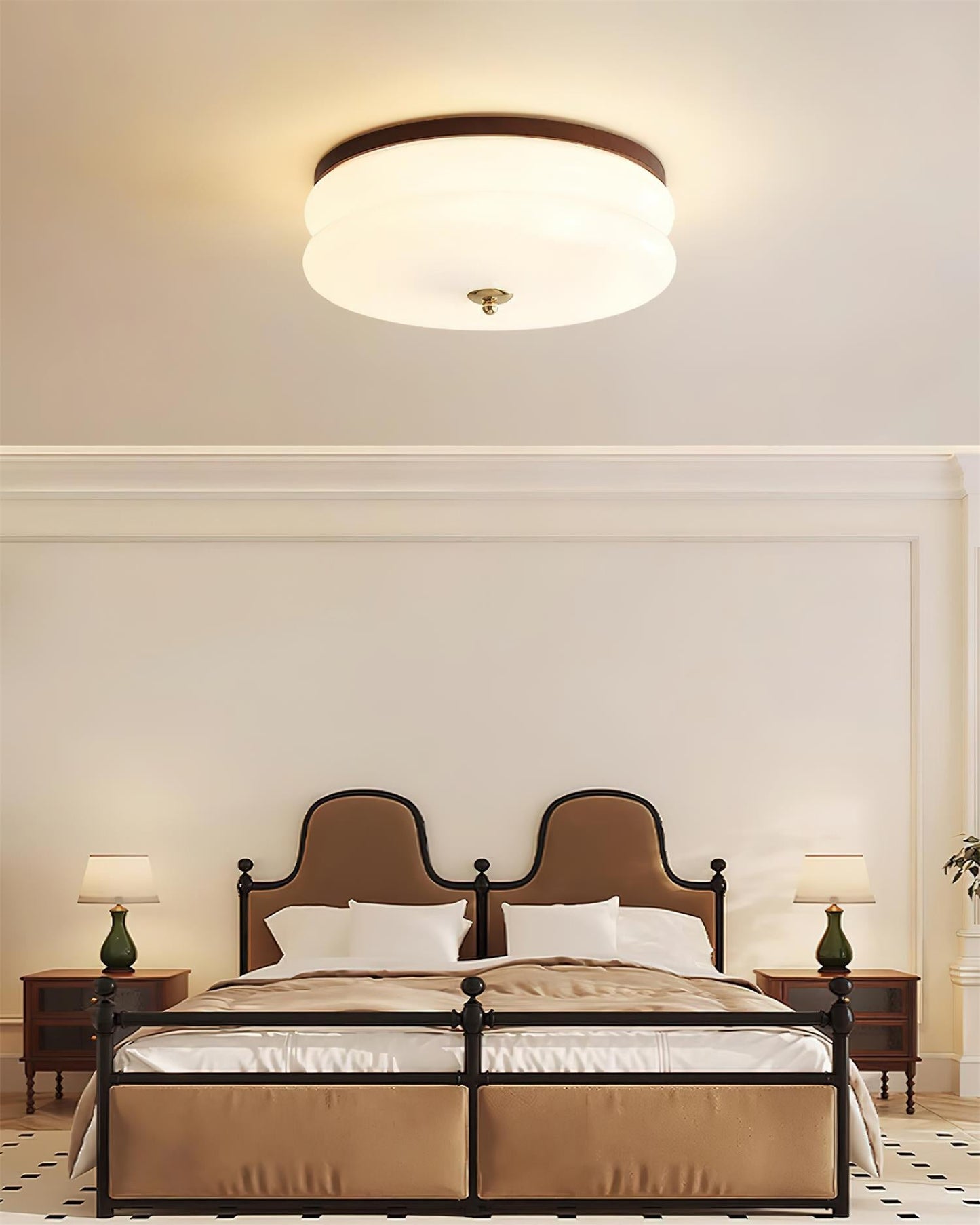 Ceiling Light Double-Layer Glass Disc Walnut Wood Minimalist