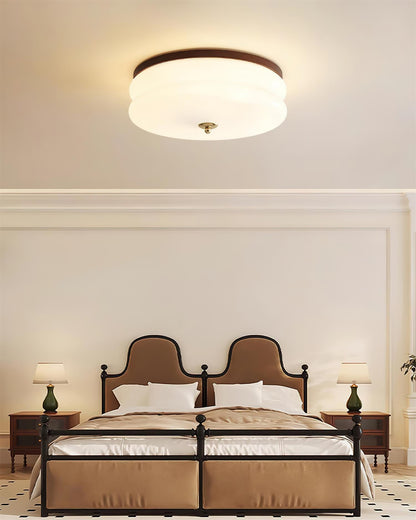 Ceiling Light Double-Layer Glass Disc Walnut Wood Minimalist
