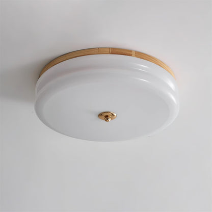 Ceiling Light Double-Layer Glass Disc Walnut Wood Minimalist