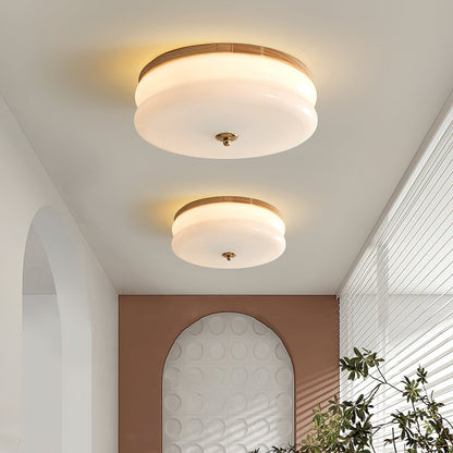 Ceiling Light Double-Layer Glass Disc Walnut Wood Minimalist