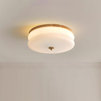 Ceiling Light Double-Layer Glass Disc Walnut Wood Minimalist