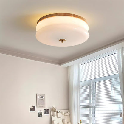 Ceiling Light Double-Layer Glass Disc Walnut Wood Minimalist
