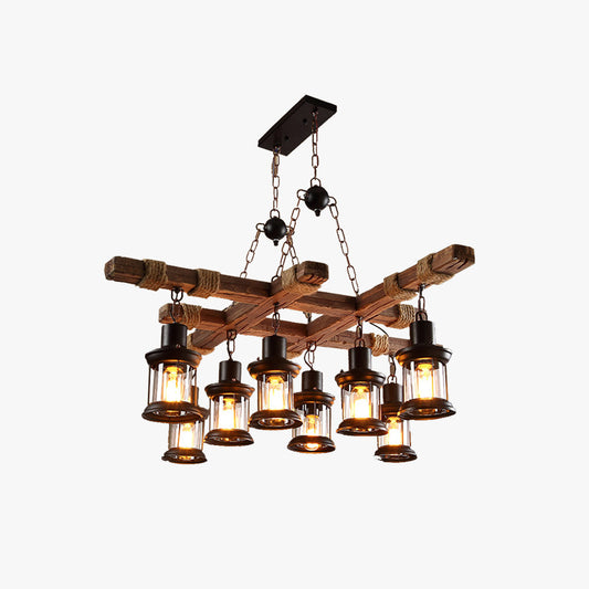 Epoch Industrial LED-Klassiker-Kronleuchter aus Holz und Glas für Wohnzimmer