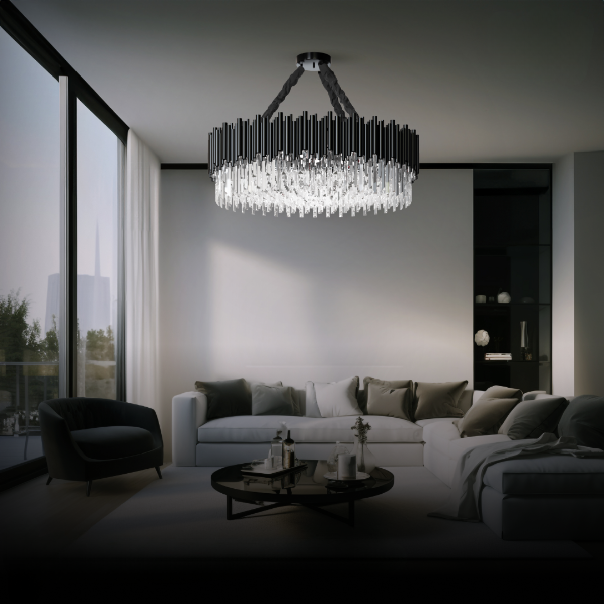 Kristy Industrielle zylindrische Kristall-/Metall-Kronleuchter, schwarzes Wohnzimmer