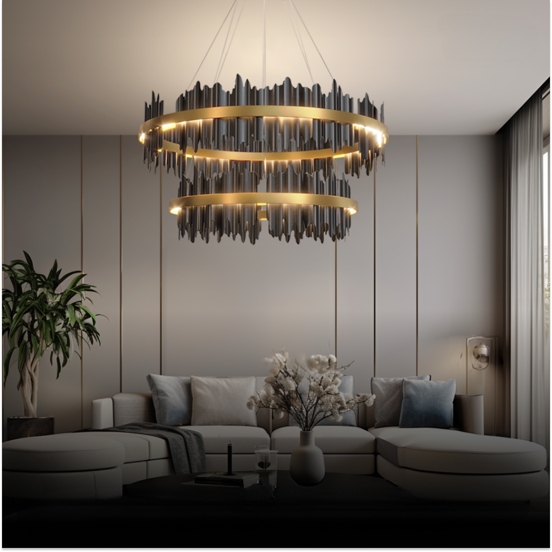 Kristy Industrie-Kronleuchter, zylindrisches Metall, Schwarzgold, für Wohnzimmer