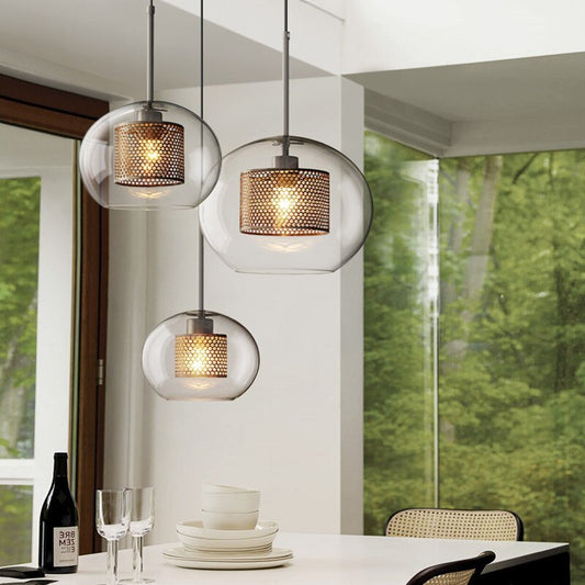 Suspension Hessa contemporaine dorée, Verre, Globe/Cylindrique