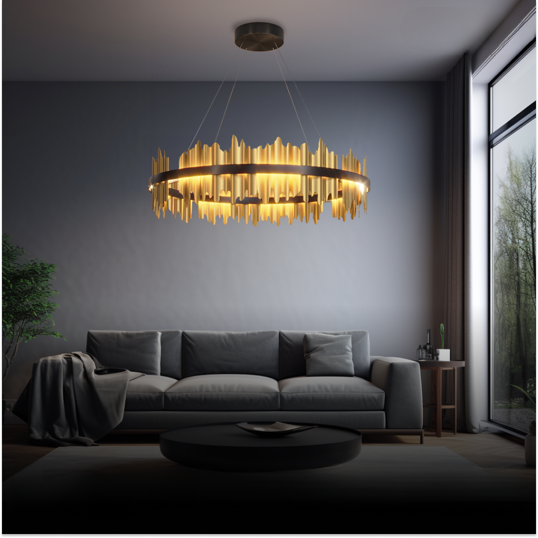 Kristy Industrie-Kronleuchter, zylindrisches Metall, Schwarzgold, für Wohnzimmer