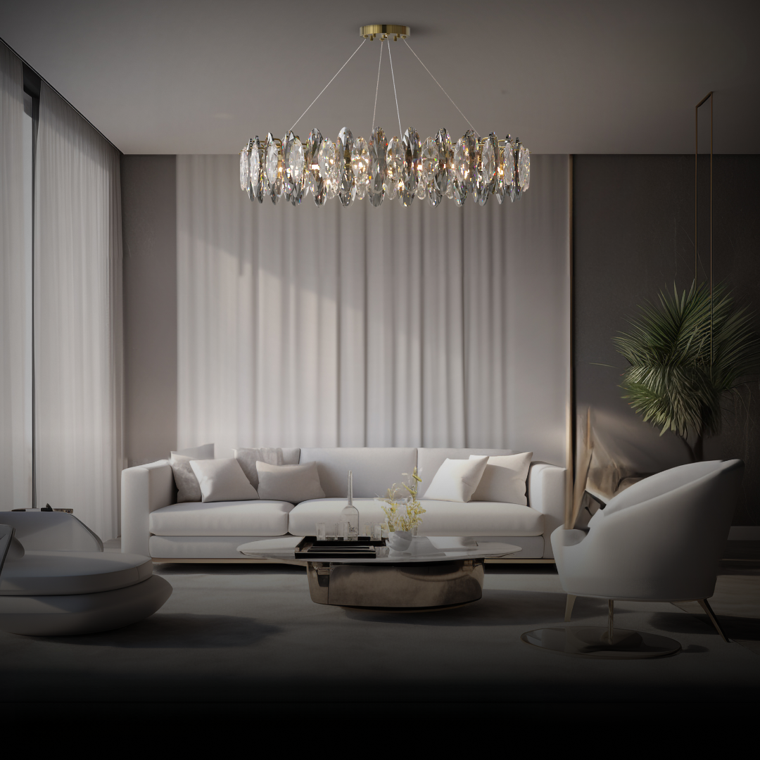 Kristy Kristall-Kronleuchter, LED, elliptisch, Glas/Metall, goldfarben, für Wohnzimmer