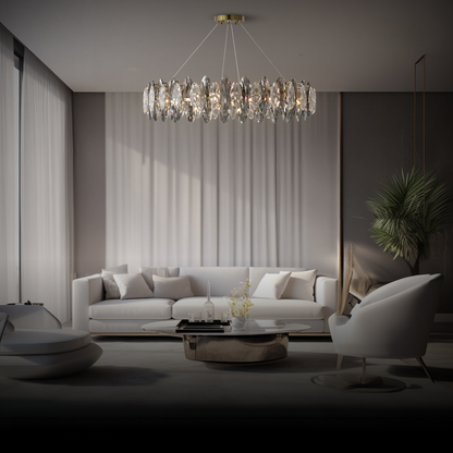 Kristy Kristall-Kronleuchter, LED, elliptisch, Glas/Metall, goldfarben, für Wohnzimmer