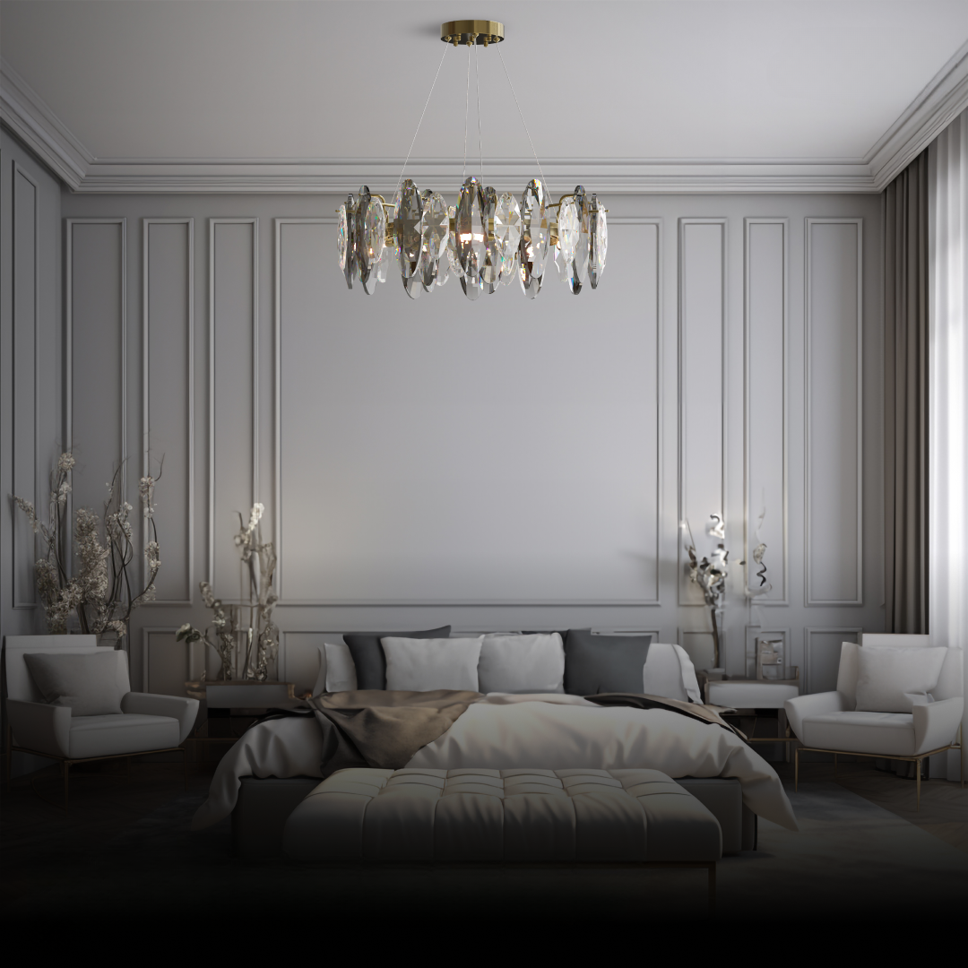Kristy Kristall-Kronleuchter, LED, elliptisch, Glas/Metall, goldfarben, für Wohnzimmer