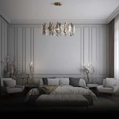 Kristy Kristall-Kronleuchter, LED, elliptisch, Glas/Metall, goldfarben, für Wohnzimmer
