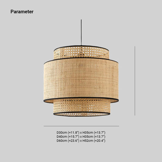 Ritta Wabi Sabi Tri-Layer Cylindrical Rattan/Metal Pendant Light, Wooden