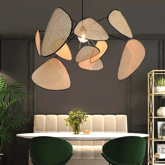 Ritta Hanglamp Leaf Grid, rotan/metaal, slaapkamer